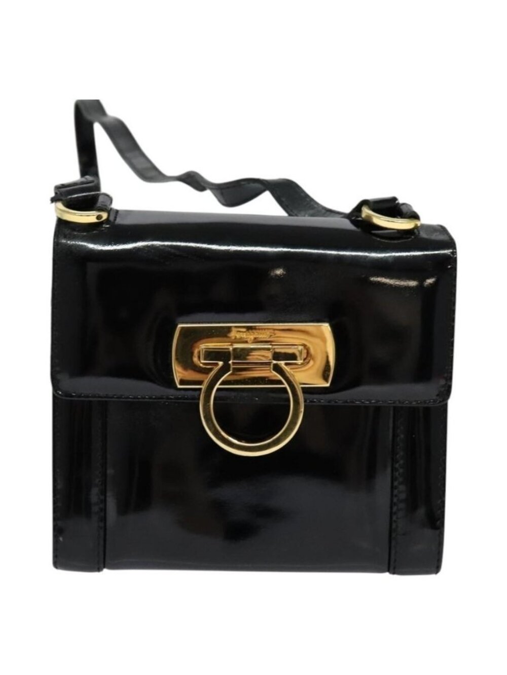 Authentic Salvatore Ferragamo Gancini Shoulder Bag Enamel Black Gold - Picture 5 of 16